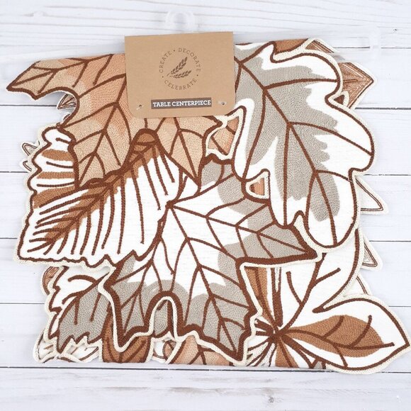 Fall Table Runner 14x36 Leaves Cutout Embroidered Neutral - Picture 1 of 3